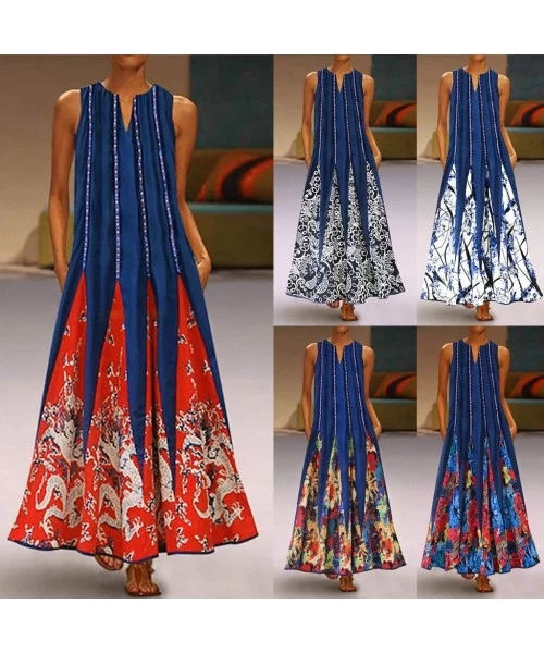 Cover-Ups Women's Summer Casual Tank Long Maxi Dress Vintage Sleeveless Floral Print Loose Party Long Dresses Plus Size Z5 bl...