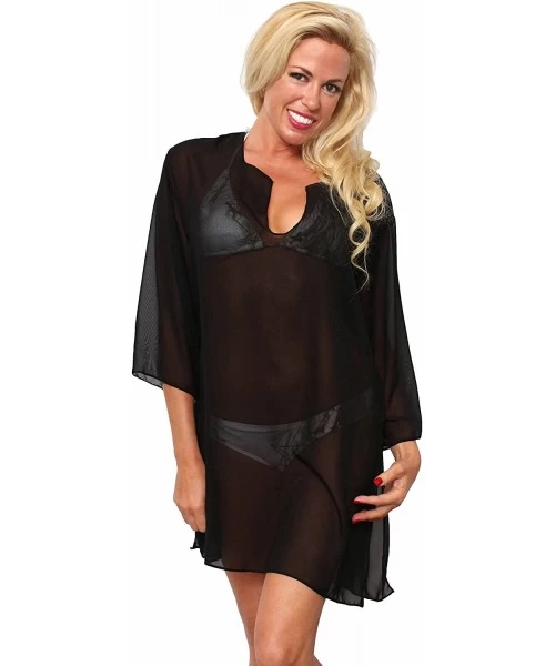 Cover-Ups Plus Size Chiffon Long Sleeve Swimwear Cover-up Beach Dress Made in The USA - Black - CQ11Z4CJ34P