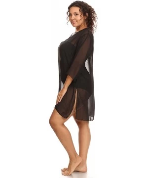 Cover-Ups Plus Size Chiffon Long Sleeve Swimwear Cover-up Beach Dress Made in The USA - Black - CQ11Z4CJ34P