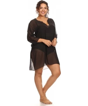 Cover-Ups Plus Size Chiffon Long Sleeve Swimwear Cover-up Beach Dress Made in The USA - Black - CQ11Z4CJ34P