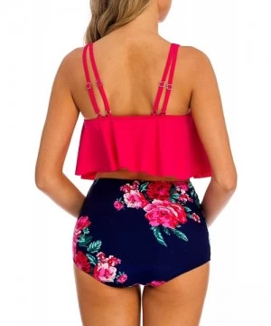 Tankinis Women's High Neck Two Piece Bathing Suits Top Ruffled High Waist Swimsuit Tankini Bikini Sets - Rose - C118RH7KRE0