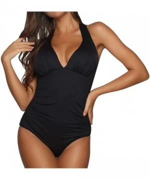 One-Pieces One Piece Swimsuits for Women V Neck Tummy Control Swimwear Push Up Ruched Monokini Bathing Suits - Ablack - CZ197...