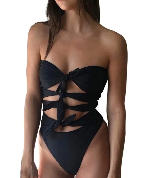 One-Pieces Women Strapless Cut Out Front Tie Knot One Piece Swimsuit Sexy Padding Push Up Swimwear Bathsuit - Black - CA18GZD...