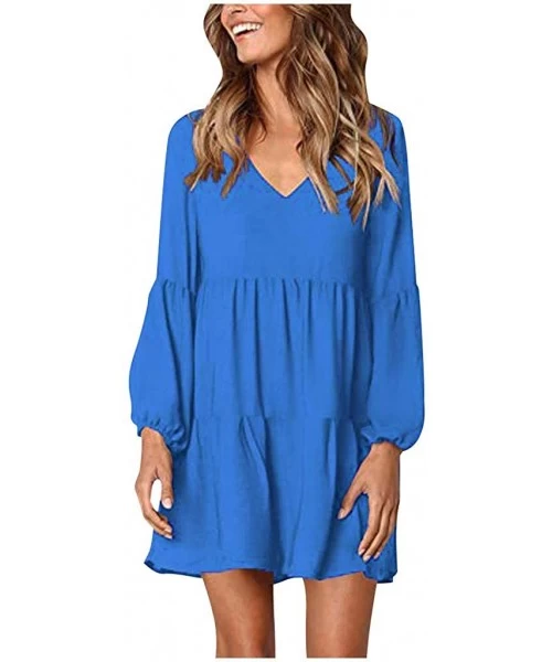 Cover-Ups Dresses for Women Casual Summer-Plus Size Long Sleeve Pleated Loose Crew Neck Swing Casual Dress Knee Length - Z1-l...