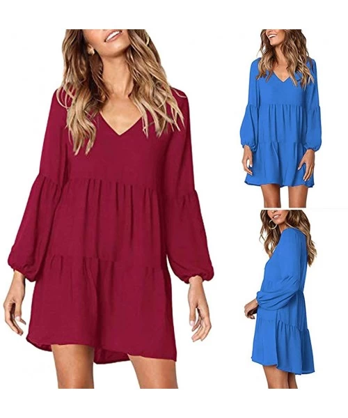 Cover-Ups Dresses for Women Casual Summer-Plus Size Long Sleeve Pleated Loose Crew Neck Swing Casual Dress Knee Length - Z1-l...