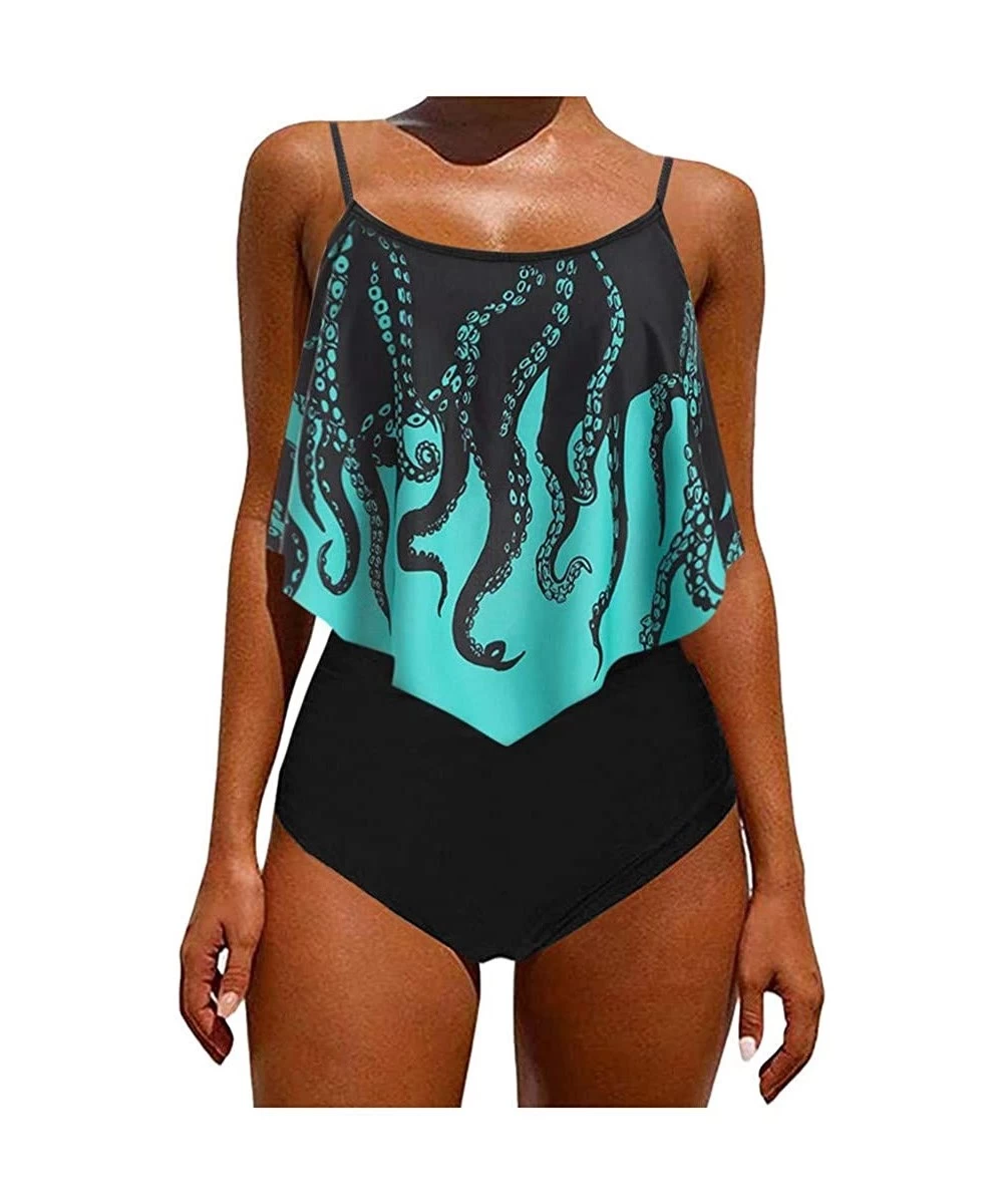 One-Pieces Plus Size High Waist Swimsuits for Women Tankini Sets Padded Flounce Crisscross Swimwear - Green - CF199XUL2XD