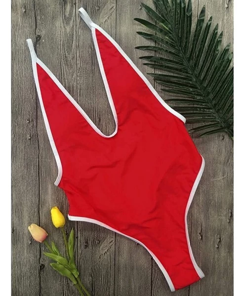 One-Pieces Women Spaghetti Strap Solid Color Backless Hot One-Piece Swimsuit One-Pieces - Red - CG199OEREXK