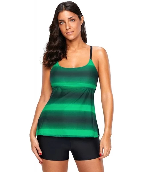 Tankinis Womens Criss Cross Back Color Block Print Tankini Top with Boyshorts Swimsuit (S-XXXL) - Green - CJ18CYX6MU6