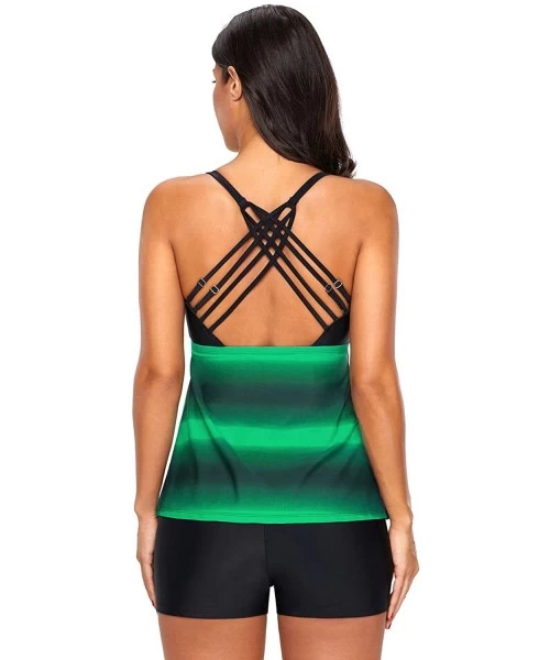 Tankinis Womens Criss Cross Back Color Block Print Tankini Top with Boyshorts Swimsuit (S-XXXL) - Green - CJ18CYX6MU6