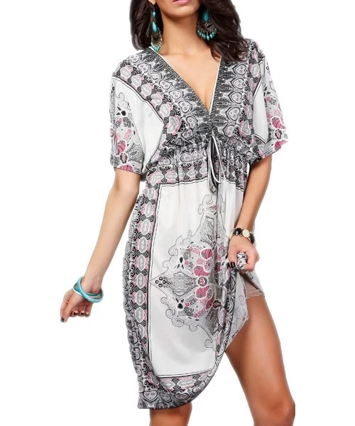 Cover-Ups Women Summer Beach Dress Cover Ups Swimsuit Bathing Suit Loose V Neck - White - CQ18S9IUXZ0