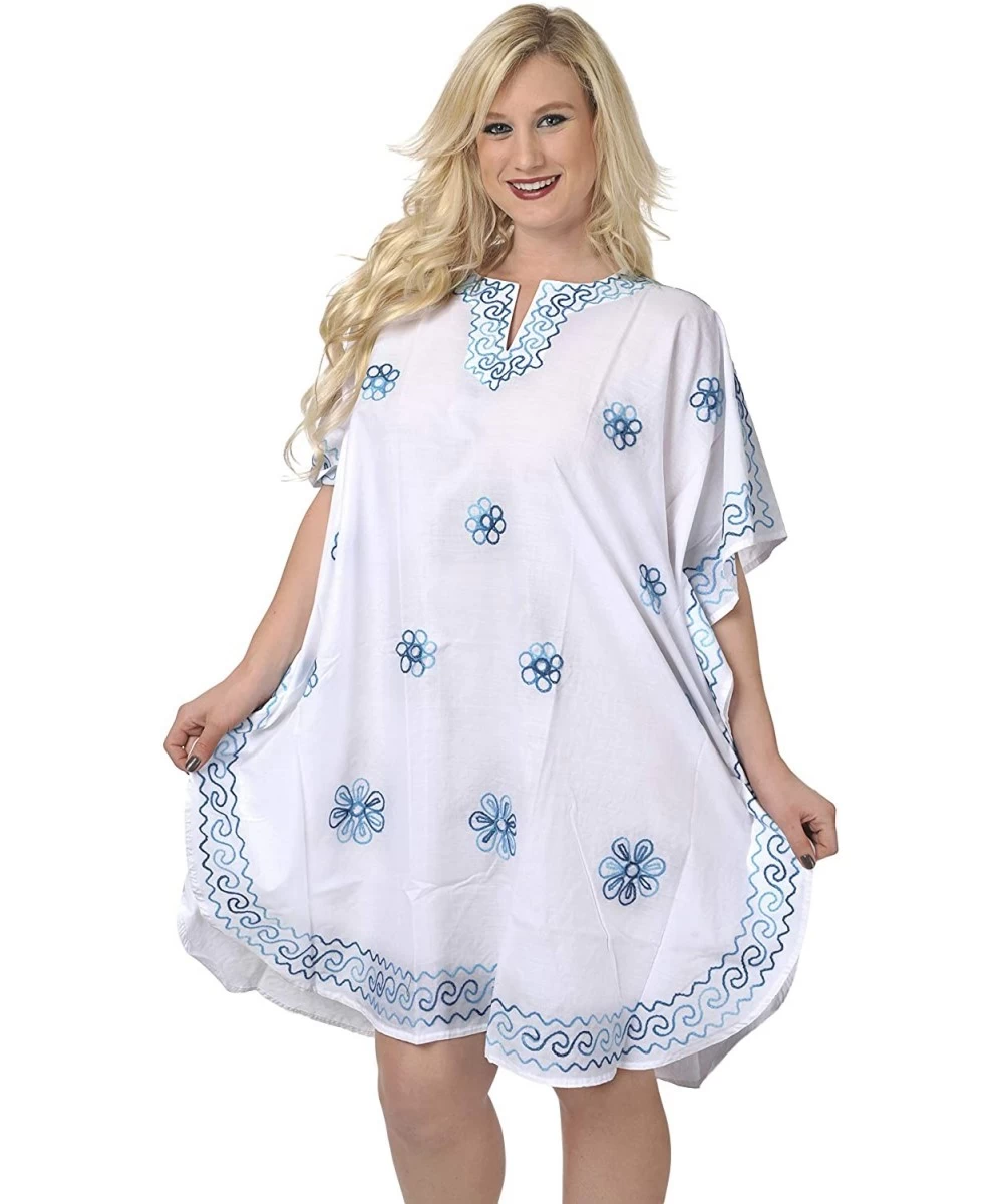 Cover-Ups Women's Midi Kaftan Dress Tops Beach Swimwear Cover Ups Embroidery A - Ghost White_j203 - C711PR35ZTX