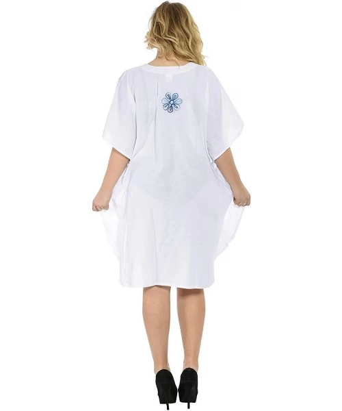 Cover-Ups Women's Midi Kaftan Dress Tops Beach Swimwear Cover Ups Embroidery A - Ghost White_j203 - C711PR35ZTX