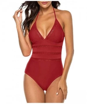 One-Pieces Womens One Piece Swimsuit- Sexy Vintage Mesh Lace Halter Monokini Bathing Suit - Winered - C6196YEIAZN