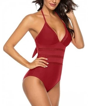 One-Pieces Womens One Piece Swimsuit- Sexy Vintage Mesh Lace Halter Monokini Bathing Suit - Winered - C6196YEIAZN