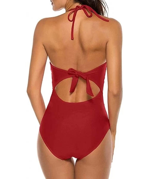 One-Pieces Womens One Piece Swimsuit- Sexy Vintage Mesh Lace Halter Monokini Bathing Suit - Winered - C6196YEIAZN