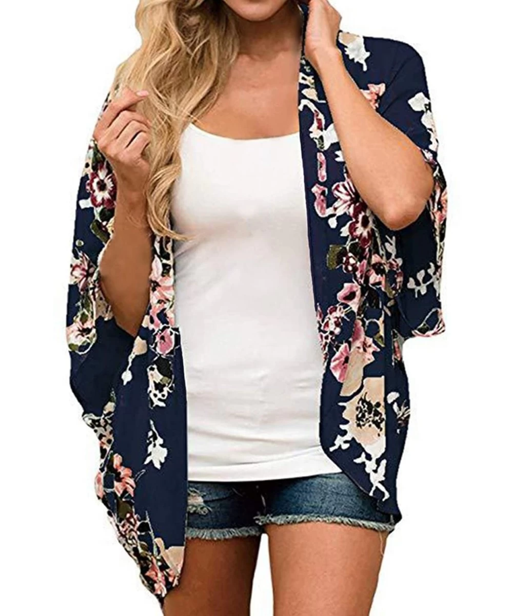 Cover-Ups Womens Floral Chiffon Kimono Cardigans Loose Beach Cover Up Half Sleeve Tops - 1deep Navy - CX18T6M3OKK