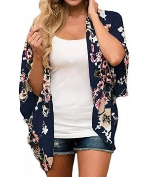 Cover-Ups Womens Floral Chiffon Kimono Cardigans Loose Beach Cover Up Half Sleeve Tops - 1deep Navy - CX18T6M3OKK