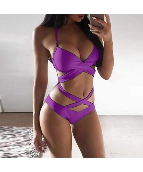 One-Pieces Women's Sexy One Piece High Cut Cross Bandage Hollow Monokini Bikini Swimsear - Purple - C518TCR7K66