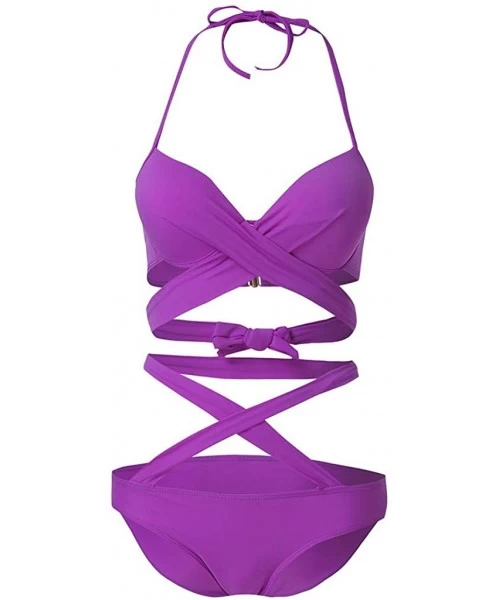 One-Pieces Women's Sexy One Piece High Cut Cross Bandage Hollow Monokini Bikini Swimsear - Purple - C518TCR7K66