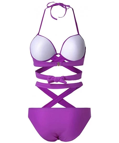 One-Pieces Women's Sexy One Piece High Cut Cross Bandage Hollow Monokini Bikini Swimsear - Purple - C518TCR7K66