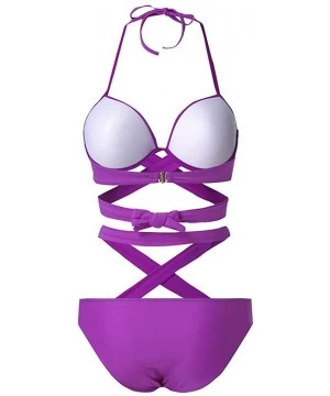 One-Pieces Women's Sexy One Piece High Cut Cross Bandage Hollow Monokini Bikini Swimsear - Purple - C518TCR7K66