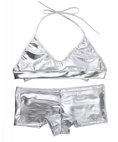 Sets Women's Faux Leather Metallic Bikini Set Halter Bra Top and Shorts Swimsuit - Silver - C518DAD7Z2Q