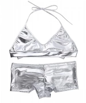 Sets Women's Faux Leather Metallic Bikini Set Halter Bra Top and Shorts Swimsuit - Silver - C518DAD7Z2Q