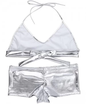 Sets Women's Faux Leather Metallic Bikini Set Halter Bra Top and Shorts Swimsuit - Silver - C518DAD7Z2Q