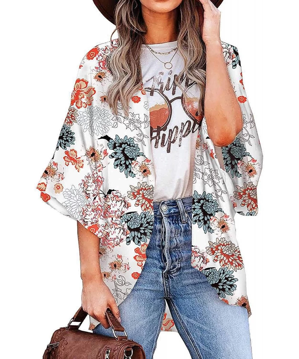 Cover-Ups Womens Kimonos Open Front Half Sleeve Lace Patchwork Sheer Chiffon Cardigan Blouse Tops - A0 Floral/ White - C9192D...