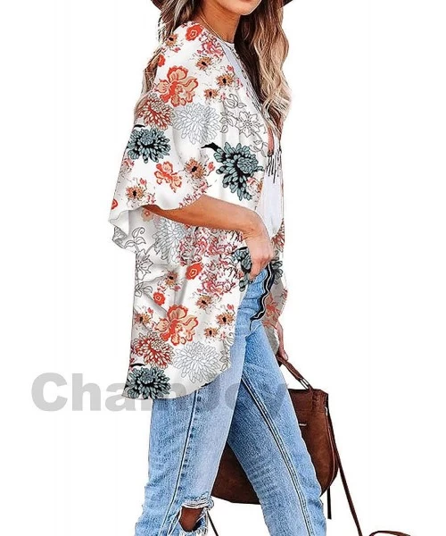 Cover-Ups Womens Kimonos Open Front Half Sleeve Lace Patchwork Sheer Chiffon Cardigan Blouse Tops - A0 Floral/ White - C9192D...