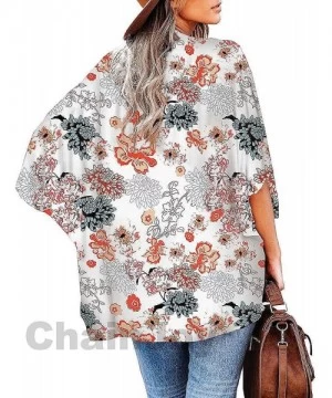 Cover-Ups Womens Kimonos Open Front Half Sleeve Lace Patchwork Sheer Chiffon Cardigan Blouse Tops - A0 Floral/ White - C9192D...