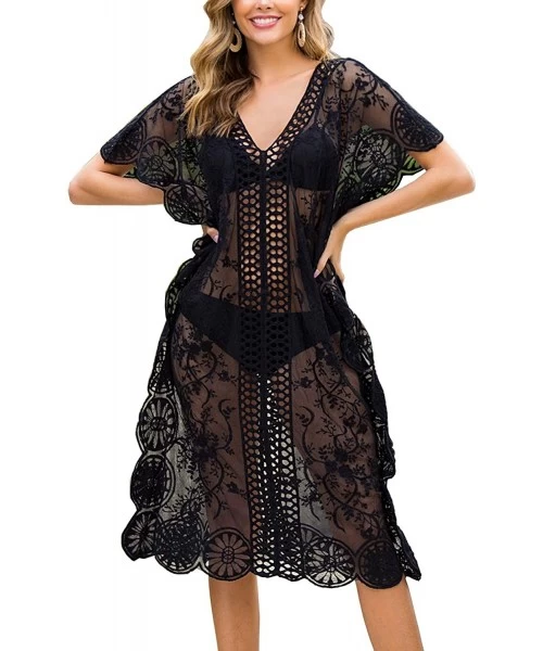 Cover-Ups Womens Summer V Neck Floral Print Lace Bathing Suit Bikini Beach Cover Up Dress - Black - CU192KW8KWG