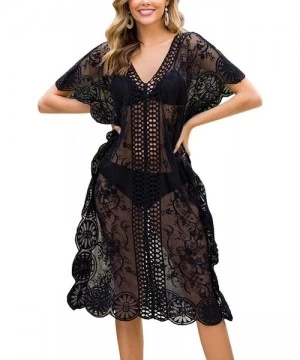 Cover-Ups Womens Summer V Neck Floral Print Lace Bathing Suit Bikini Beach Cover Up Dress - Black - CU192KW8KWG