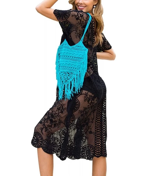 Cover-Ups Womens Summer V Neck Floral Print Lace Bathing Suit Bikini Beach Cover Up Dress - Black - CU192KW8KWG