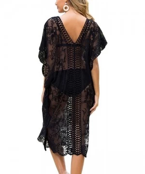 Cover-Ups Womens Summer V Neck Floral Print Lace Bathing Suit Bikini Beach Cover Up Dress - Black - CU192KW8KWG