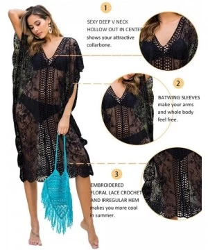 Cover-Ups Womens Summer V Neck Floral Print Lace Bathing Suit Bikini Beach Cover Up Dress - Black - CU192KW8KWG