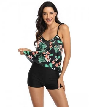 Racing Swimsuit for Women Two Piece Tankini with Boyshorts Tank Top Bathing Suit - Leaves/Black - CJ196GQY64O