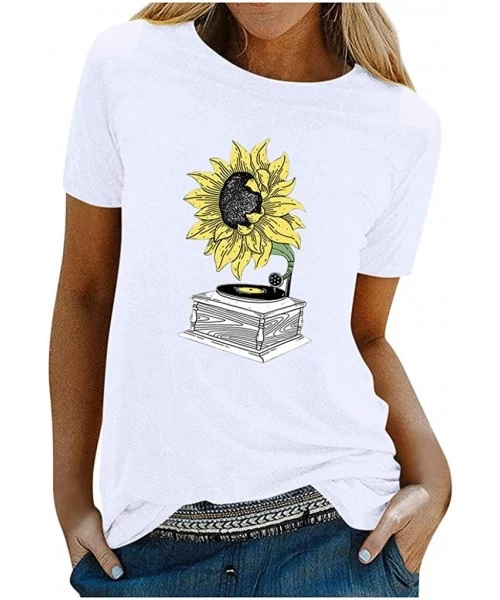 Tops Women's Sunflower Tshirt Summer Cute Short Sleeve Sunfloral Graphic Tee Tops - White - CI196UNOCDL