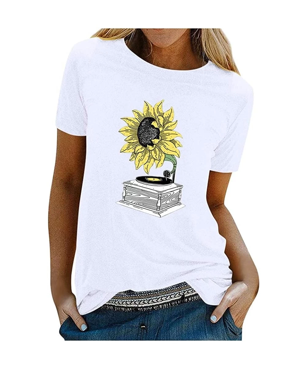 Tops Women's Sunflower Tshirt Summer Cute Short Sleeve Sunfloral Graphic Tee Tops - White - CI196UNOCDL