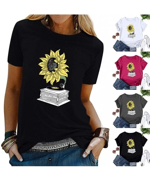 Tops Women's Sunflower Tshirt Summer Cute Short Sleeve Sunfloral Graphic Tee Tops - White - CI196UNOCDL