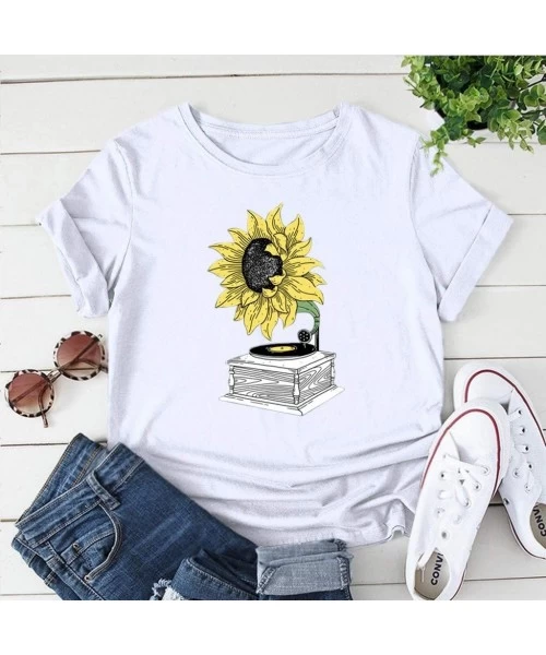 Tops Women's Sunflower Tshirt Summer Cute Short Sleeve Sunfloral Graphic Tee Tops - White - CI196UNOCDL