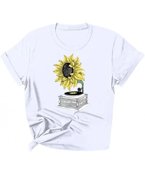 Tops Women's Sunflower Tshirt Summer Cute Short Sleeve Sunfloral Graphic Tee Tops - White - CI196UNOCDL