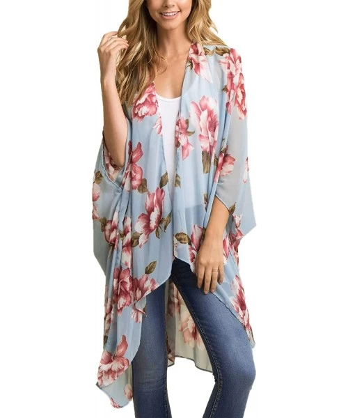 Cover-Ups Women's Chiffon Blouse Loose Tops Beach Kimono Floral Print Cardigan - T50 - CO192O4NQDN