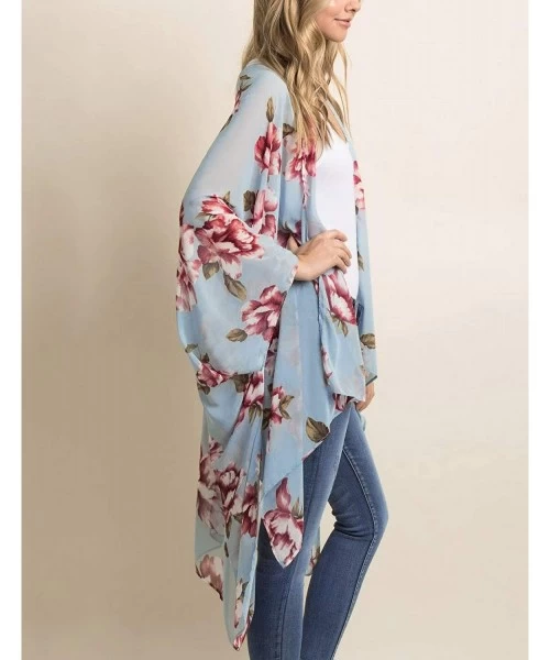 Cover-Ups Women's Chiffon Blouse Loose Tops Beach Kimono Floral Print Cardigan - T50 - CO192O4NQDN