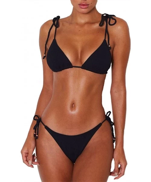 Sets Womens Sexy Solid Color Tie Top Bottom Adjustable Skimpy Triangle Bikini String Swimsuit - Black - CD18EGCL86M