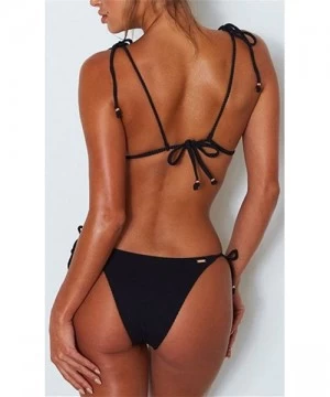 Sets Womens Sexy Solid Color Tie Top Bottom Adjustable Skimpy Triangle Bikini String Swimsuit - Black - CD18EGCL86M