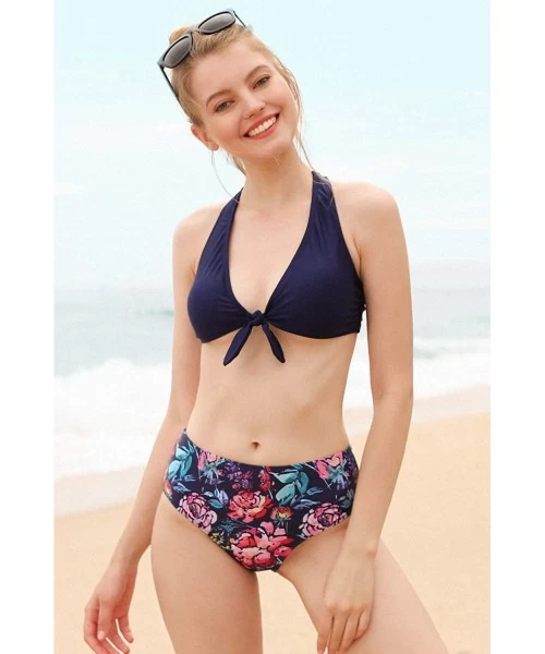 Sets Women Front Tie Bikini Swimsuit Two Piece Padded Swimwear Bathing Suits - Navy Floral High Rise - CV18L0ZXGMU