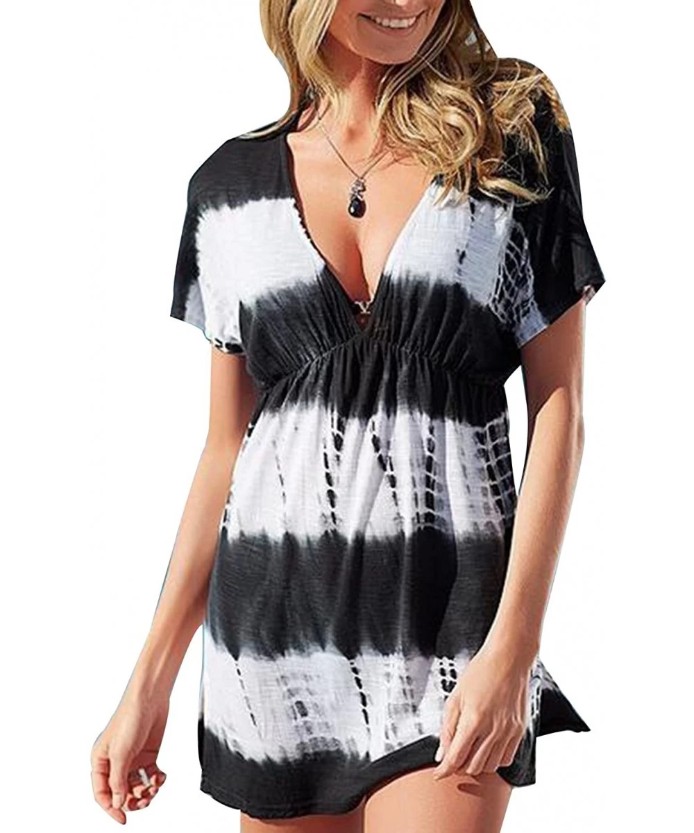 Cover-Ups Women's Tie Dye V-Neck Cut Loose Beach Swimsuit Bikini Cover Up Dress - Black - C6180CNTLOG