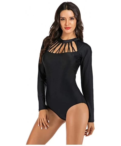 Bottoms Women Long Sleeve Swimsuit Surfing Rashguard One Piece Swimwear UV Protection Zip Triangle Bottom Bathing Suit Black ...