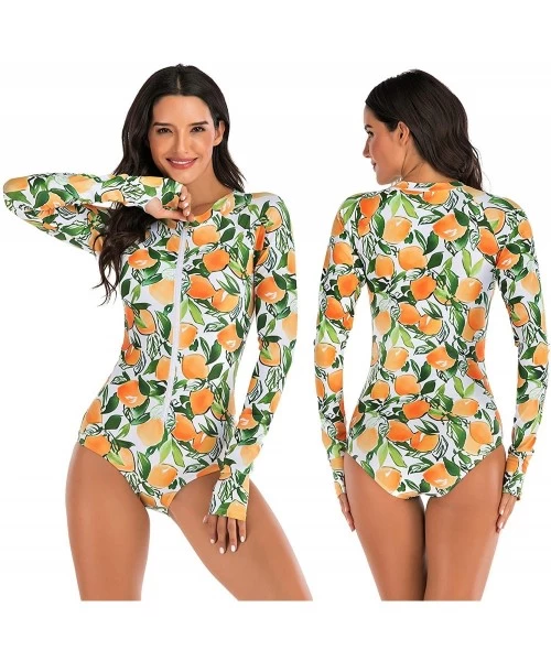 One-Pieces Women's Rashguard Long Sleeve Zip Swimsuit Print Surfing one Piece Swimwear - B1 - CQ189X7CQO9